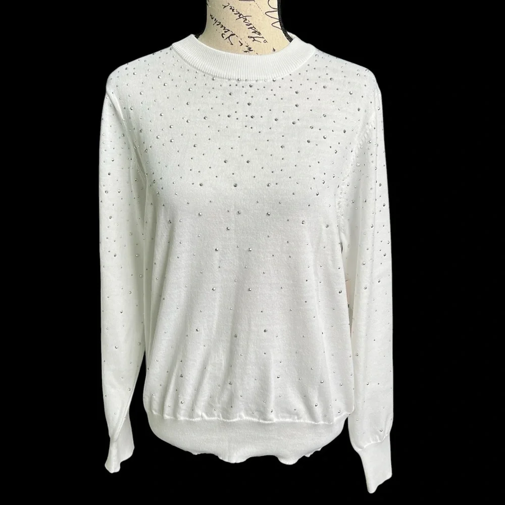 Nannette White Sweater with Rhinestone Accents